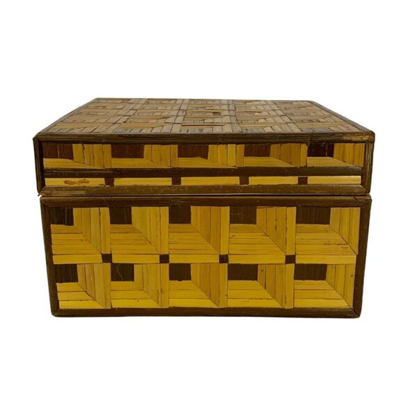 Handmade Straw Trinket Box Square Geometric Decorative Stash Organization - Picture 2 of 10